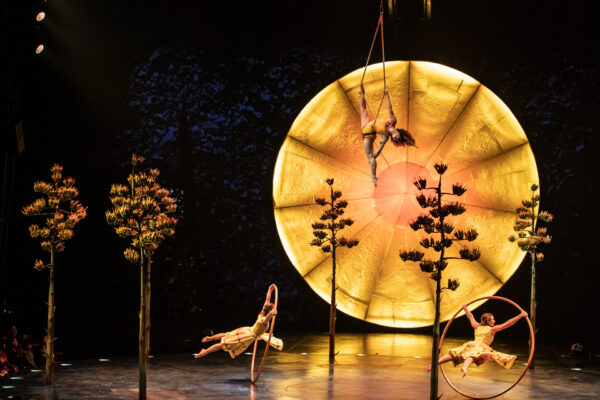 two cyr wheel artists and a trapeze artists, all wearing yellow, in front of a yellow disk, surrounded by trees