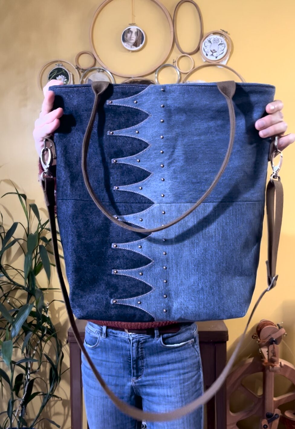 a bucket tote made with two colours of blue denim