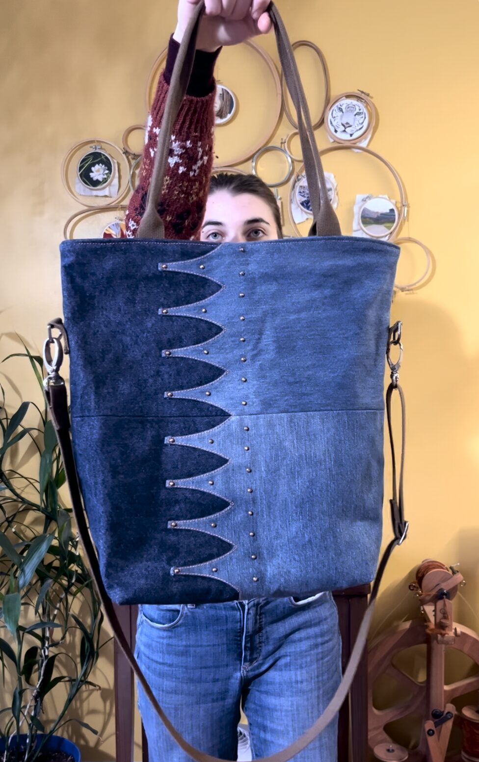 a bucket tote made of two colours of denim